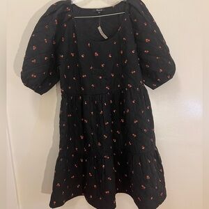 NWT Madewell Large Quilted Black Dress Red Floral with Pockets Scoop Neck